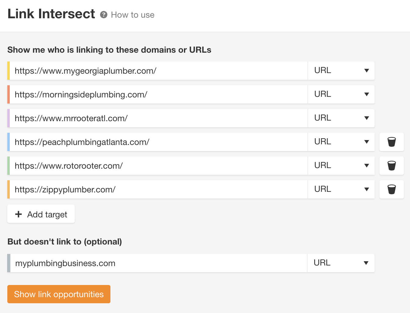 Ahrefs Site Explorer（网站分析）中的Link Intersect（交集外链分析）工具