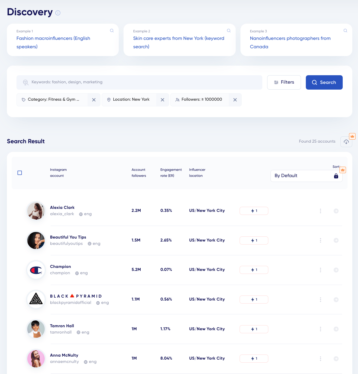 List of Instagram accounts with corresponding data on account followers, engagement rate, etc., in trendHERO