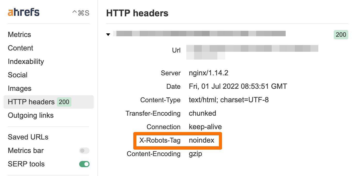 X-Robots-Tag showing "noindex" via Ahrefs' SEO Toolbar