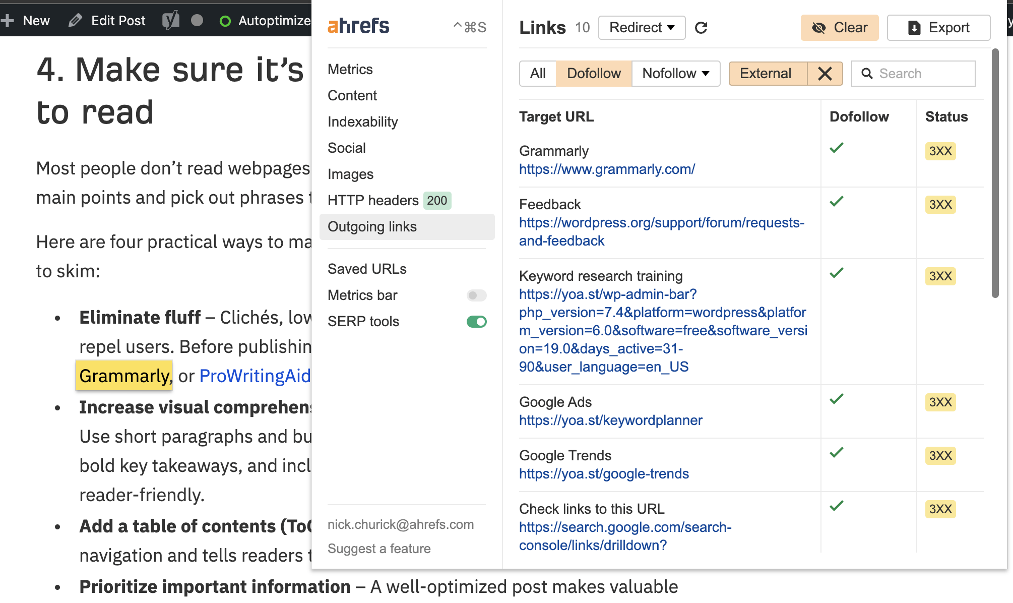 Checking outgoing links in Ahrefs' SEO Toolbar