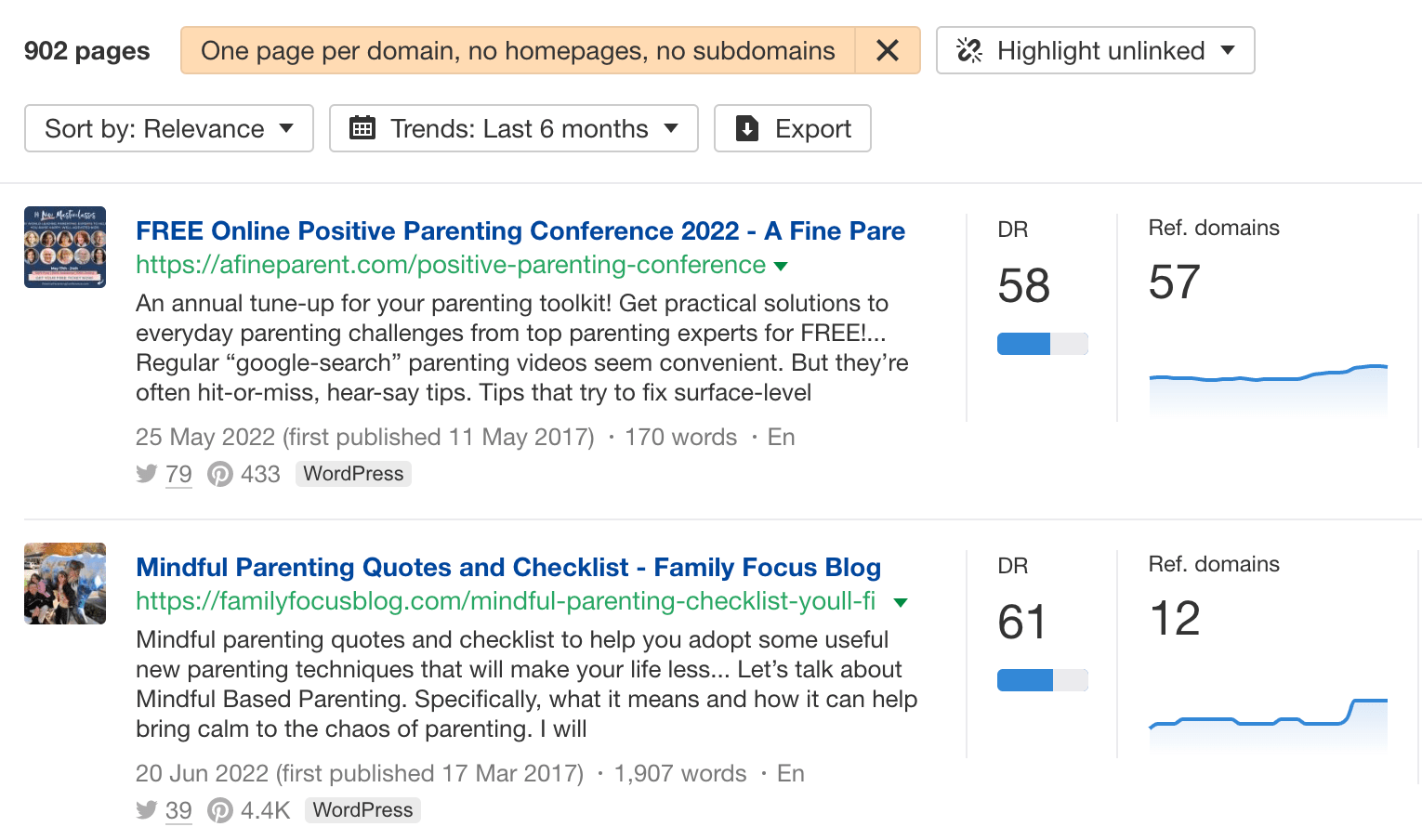 Resultados mostrados após a aplicação de um conjunto de filtros, via Content Explorer do Ahrefs