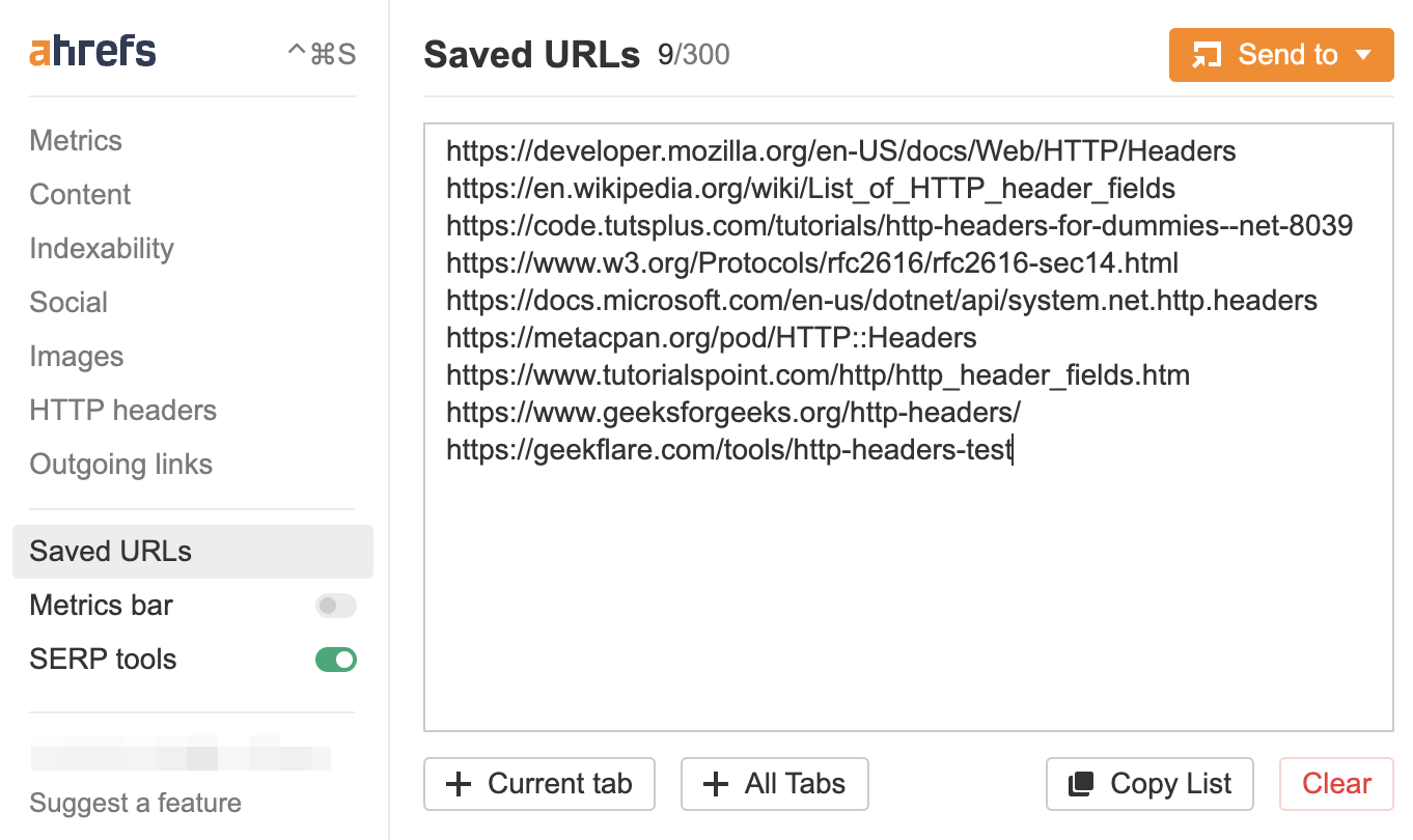 List of saved URLs in Ahrefs' SEO Toolbar