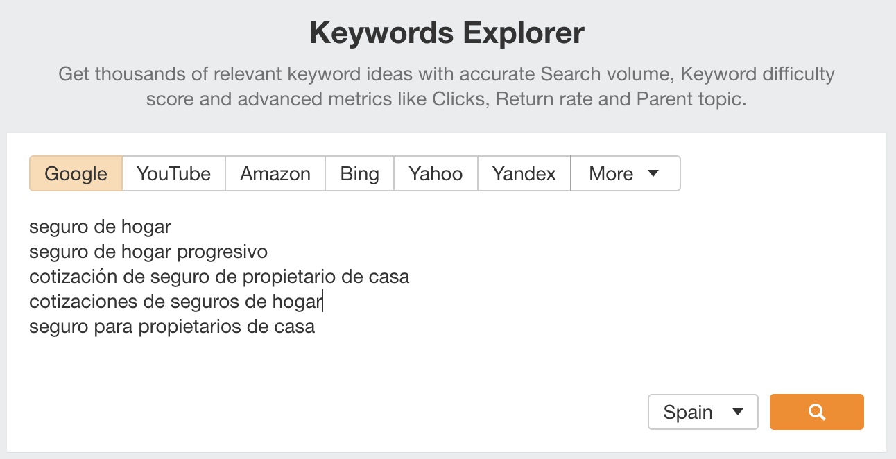 Checking Spanish keywords in Ahrefs' Keywords Explorer
