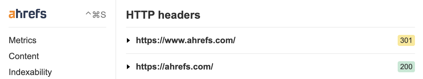 Cabeçalhos HTTP na barra de ferramentas SEO do Ahrefs
