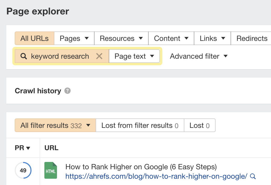 Searching for contextual internal link opportunities using the Page Explorer in Ahrefs