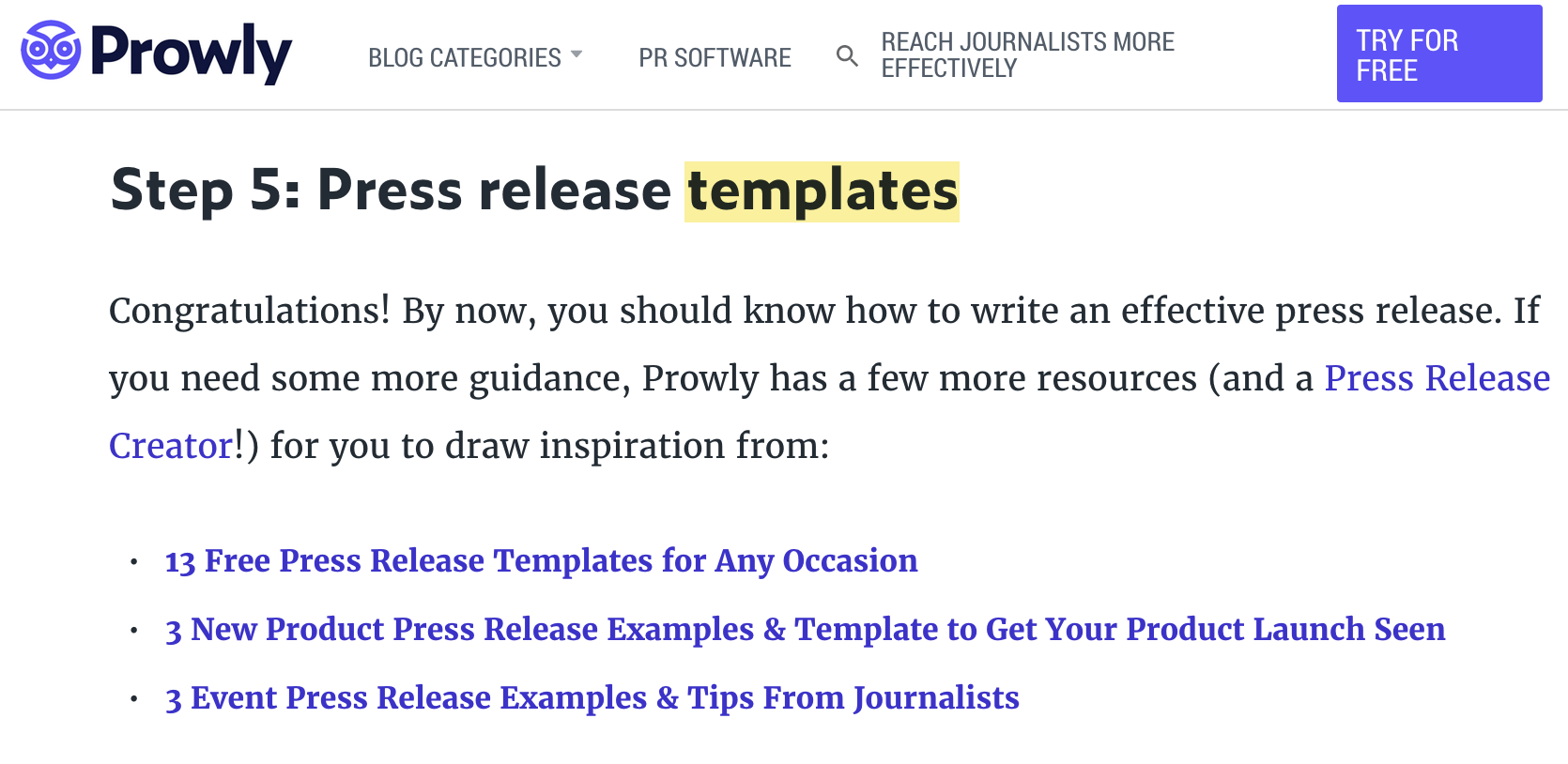Example of a page ranking for "how to write a press release" with a free template
