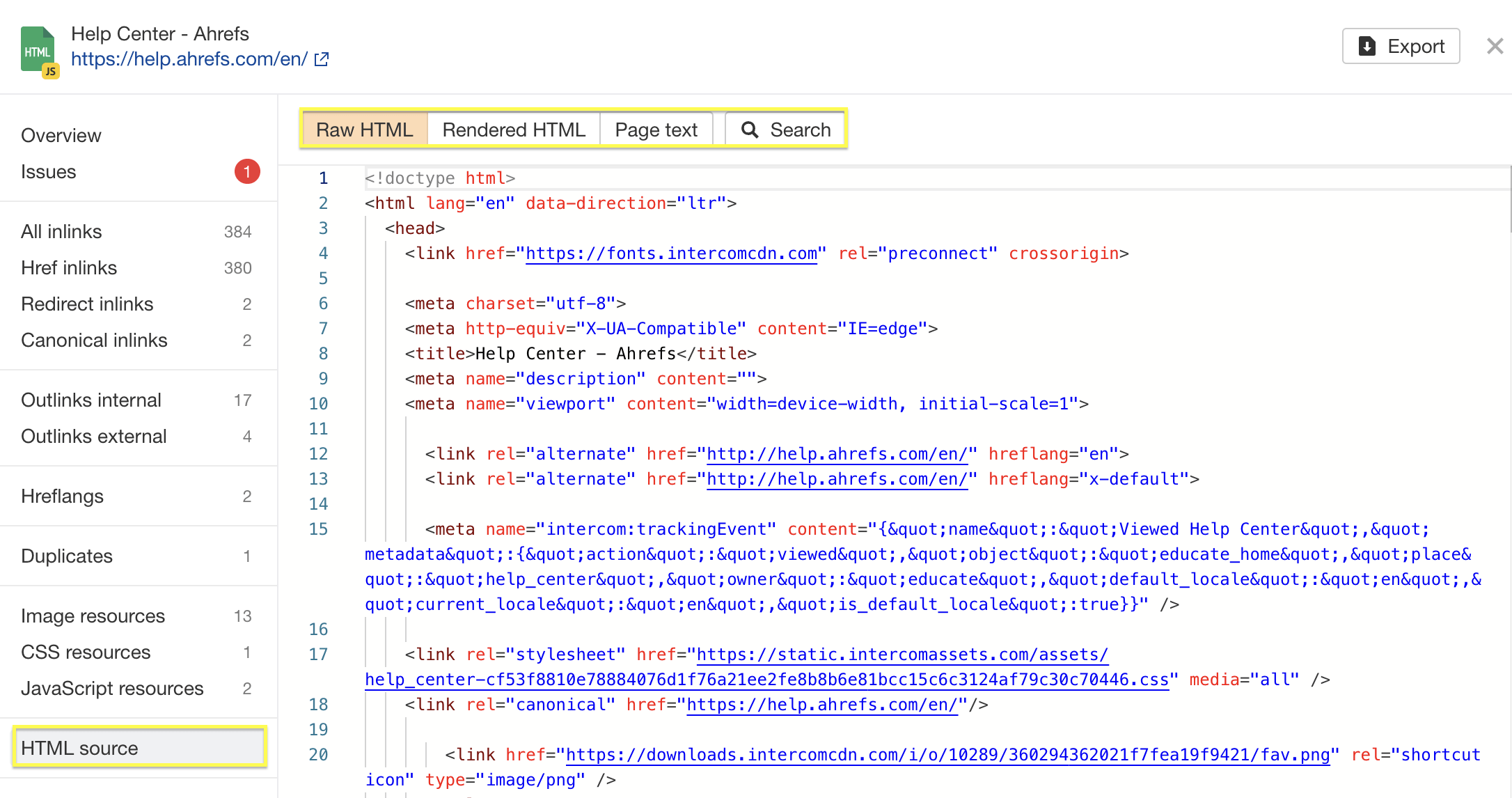 HTML source of a page crawled via Ahrefs' Site Audit