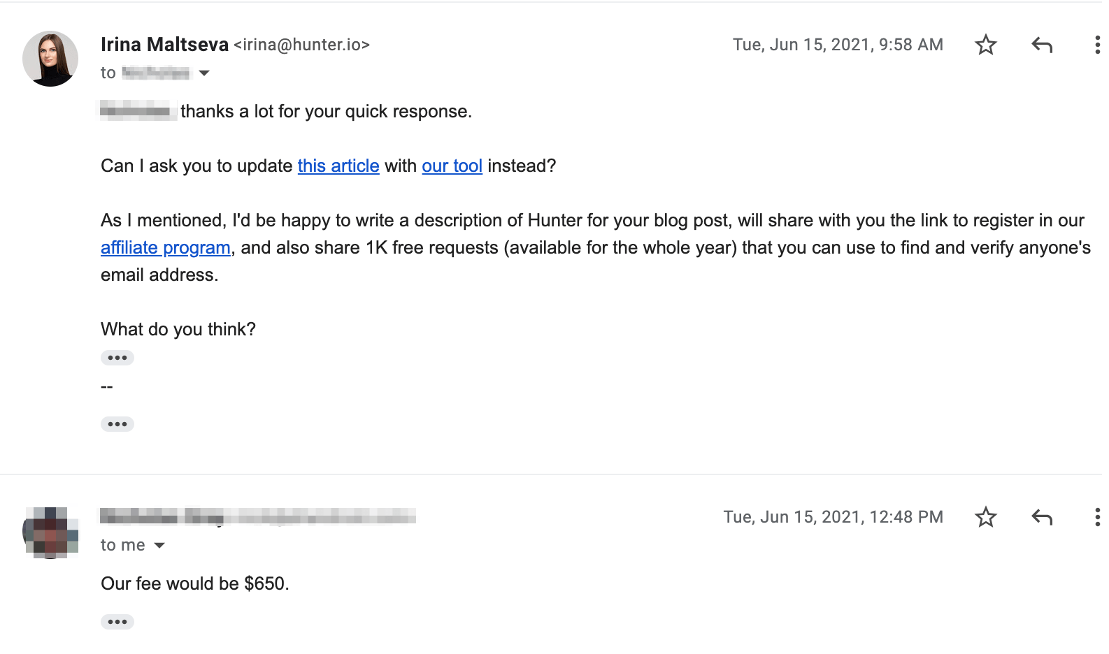 Example outreach response asking for a fee
