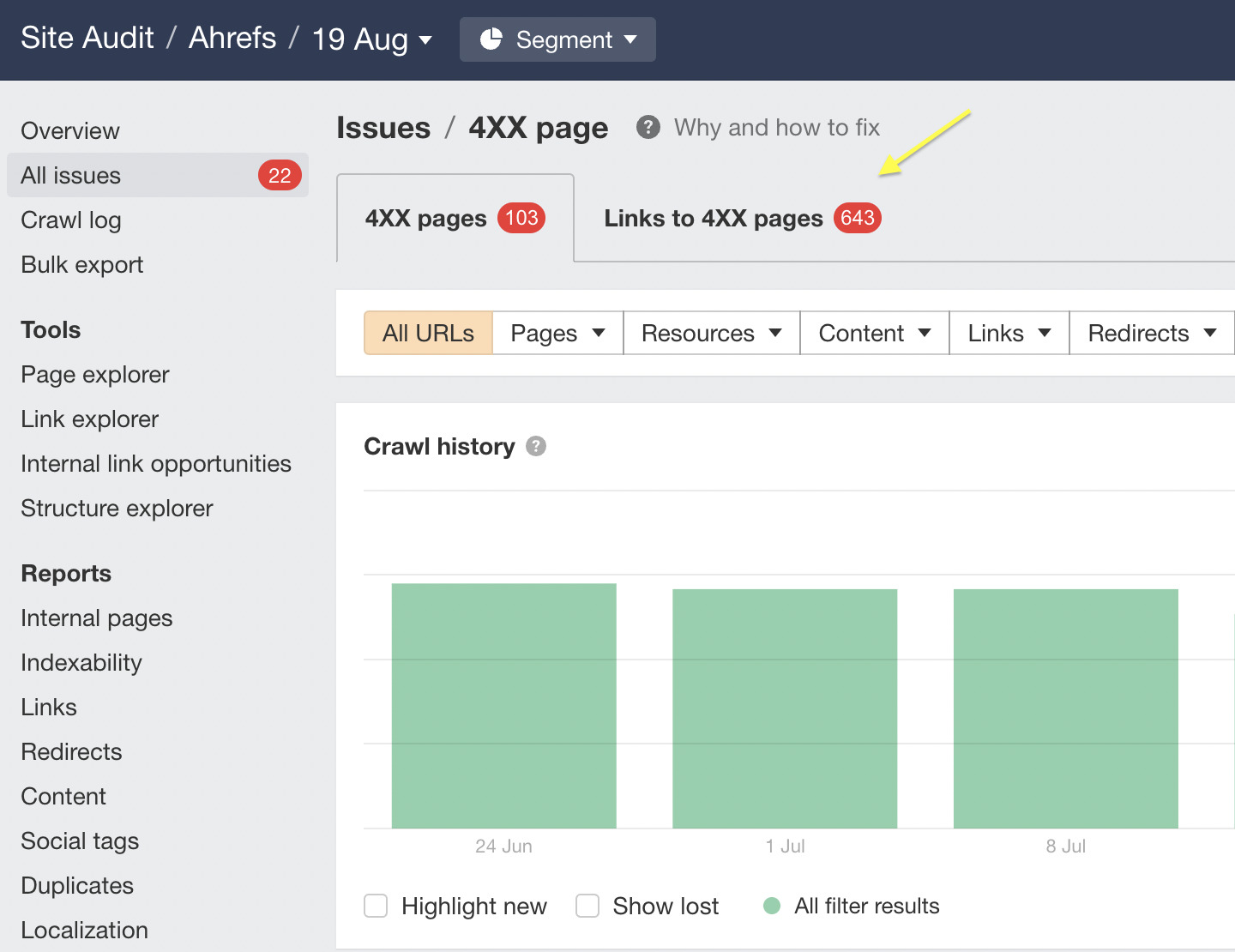 Links report, via Ahrefs' Site Audit