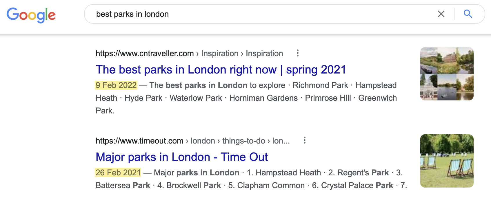 The results for "best parks in london" aren't particularly fresh
