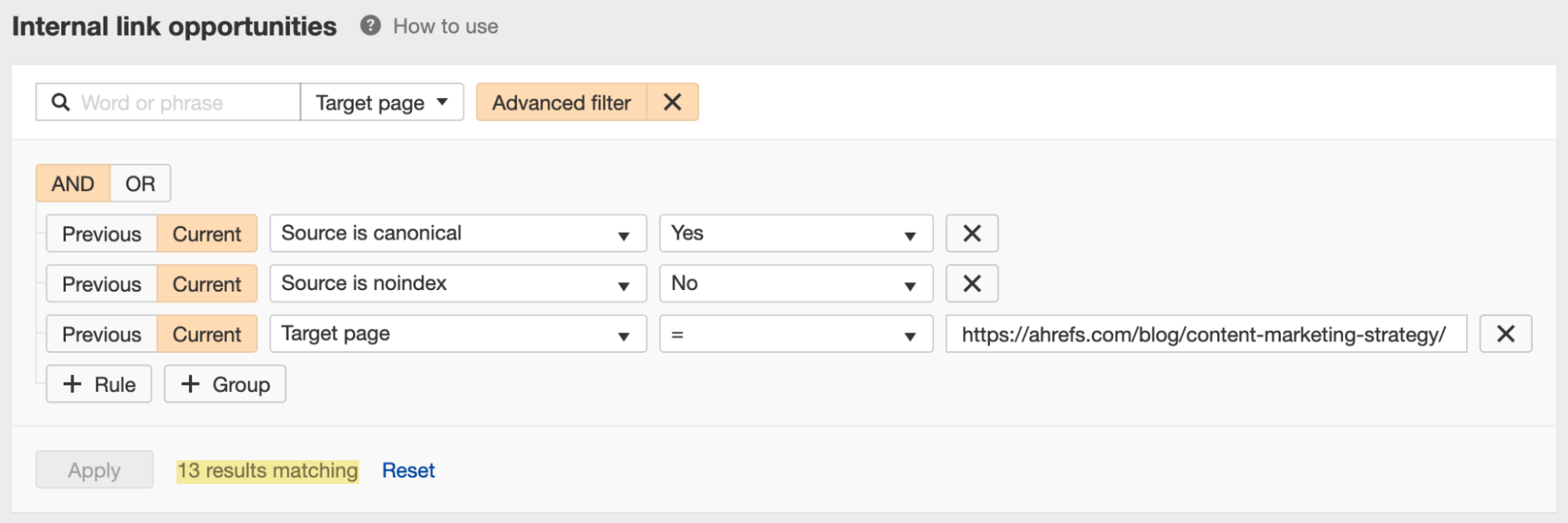 Procurando oportunidades de links internos na Auditoria do Site da Ahrefs
