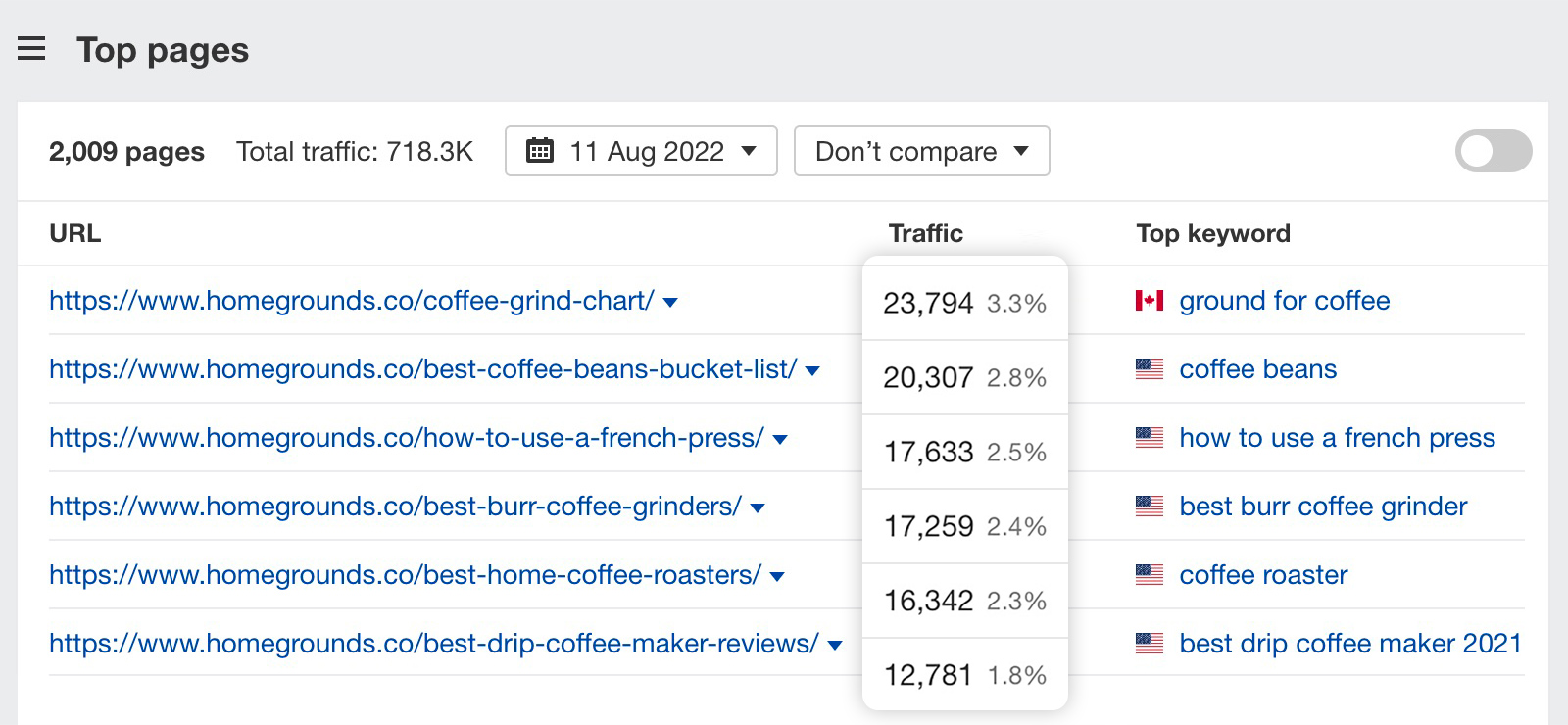 Top pages report results, via Ahrefs' Site Explorer