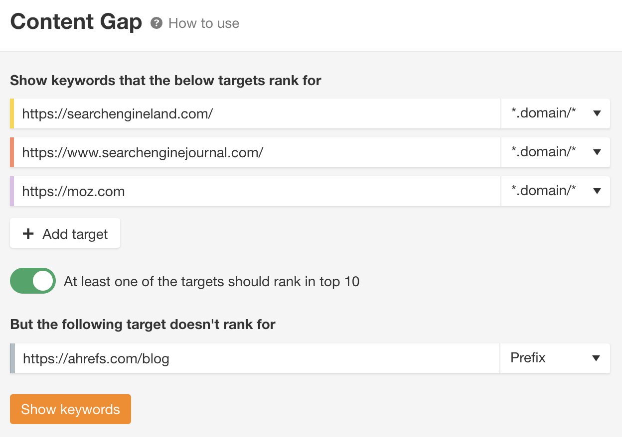 Content Gap report, via Ahrefs' Site Explorer