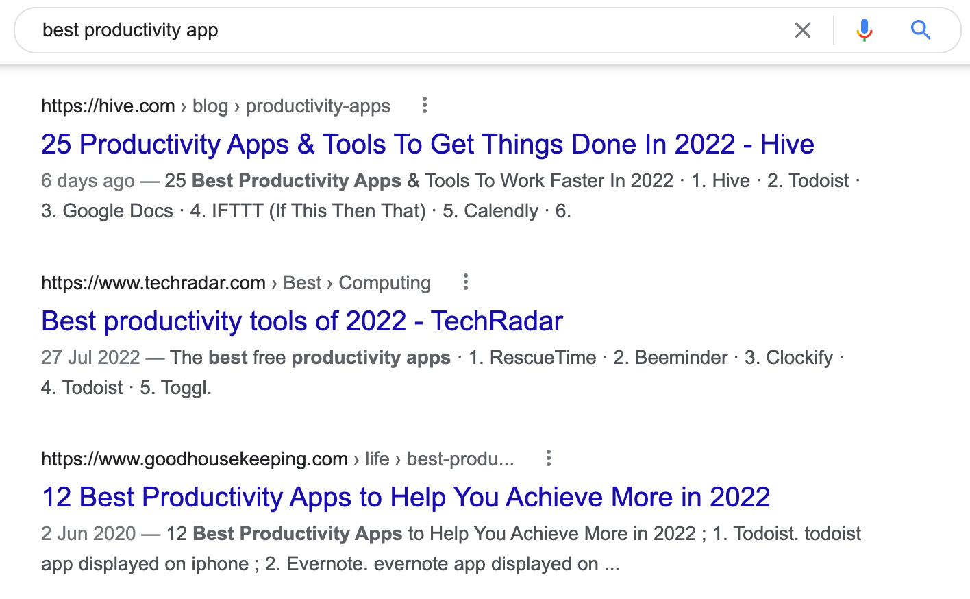 The SERP for the query "best productivity app"
