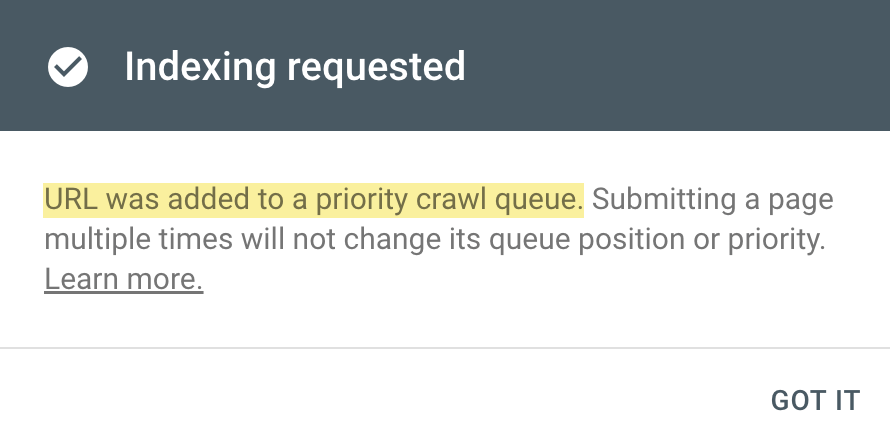 "Se solicitó la indexación" notificación en Google Search Console