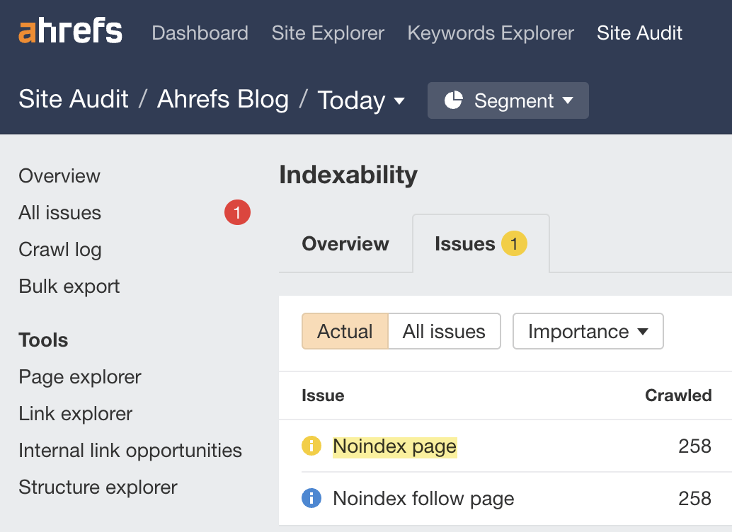 Finding noindexed pages in Ahrefs' Site Audit