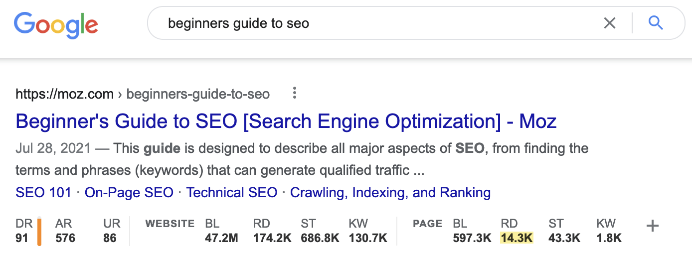 Número de domínios referentes ao guia para iniciantes de SEO da Moz, por meio da barra de ferramentas de SEO do Ahrefs
