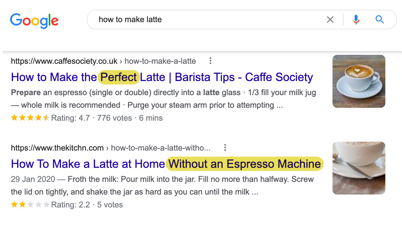 Google SERP for "how to make latte"