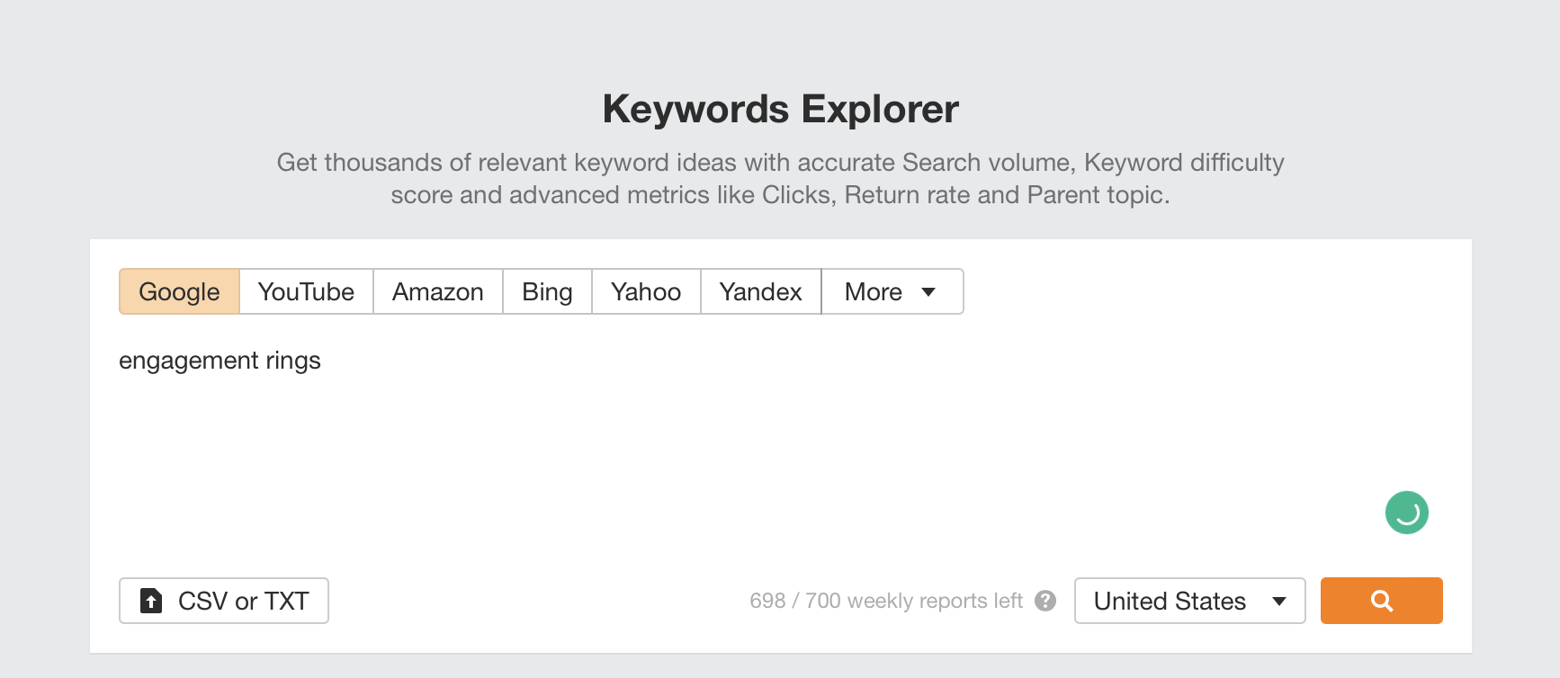 在 Ahrefs Keywords Explorer（关键词分析）中对广泛的类别词进行关键词研究。
