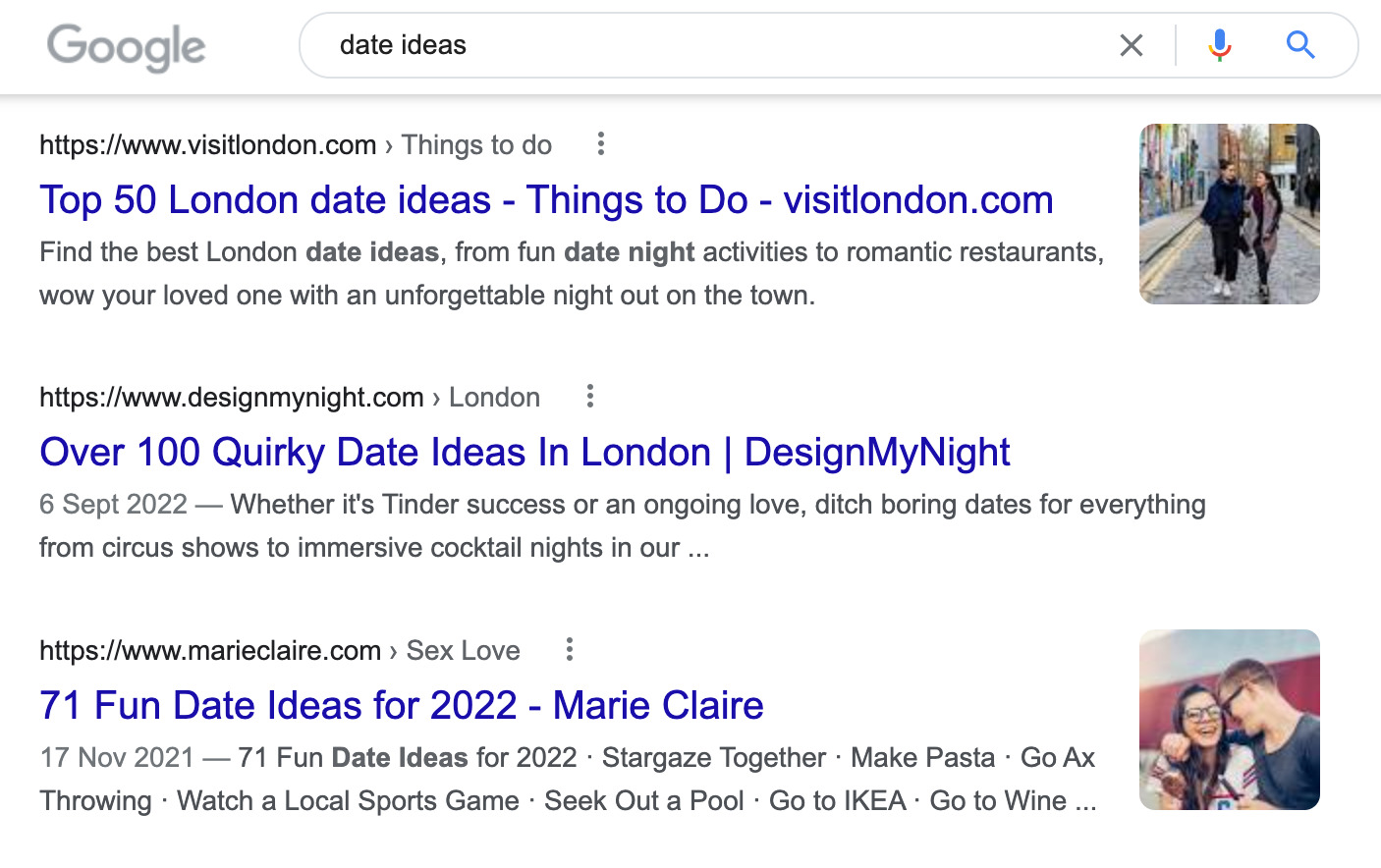 SERP for the query "dating ideas"