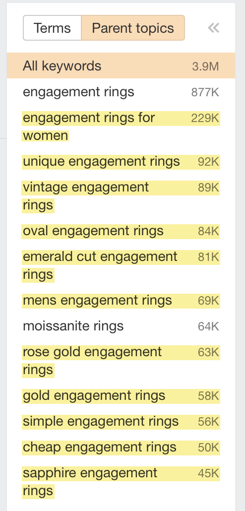 Long-tail variants for "engagement rings"