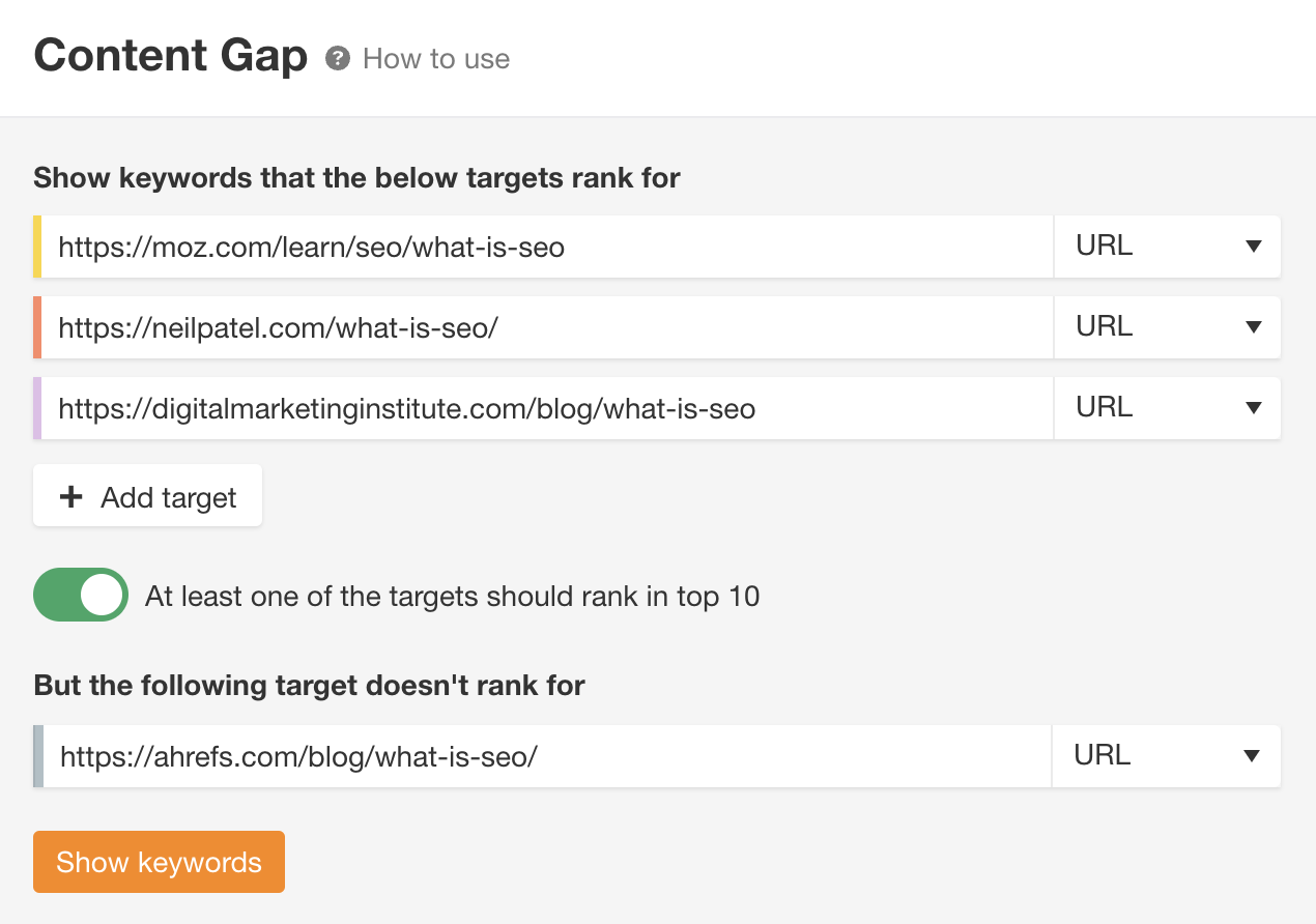 Content Gap report in Ahrefs' Site Explorer
