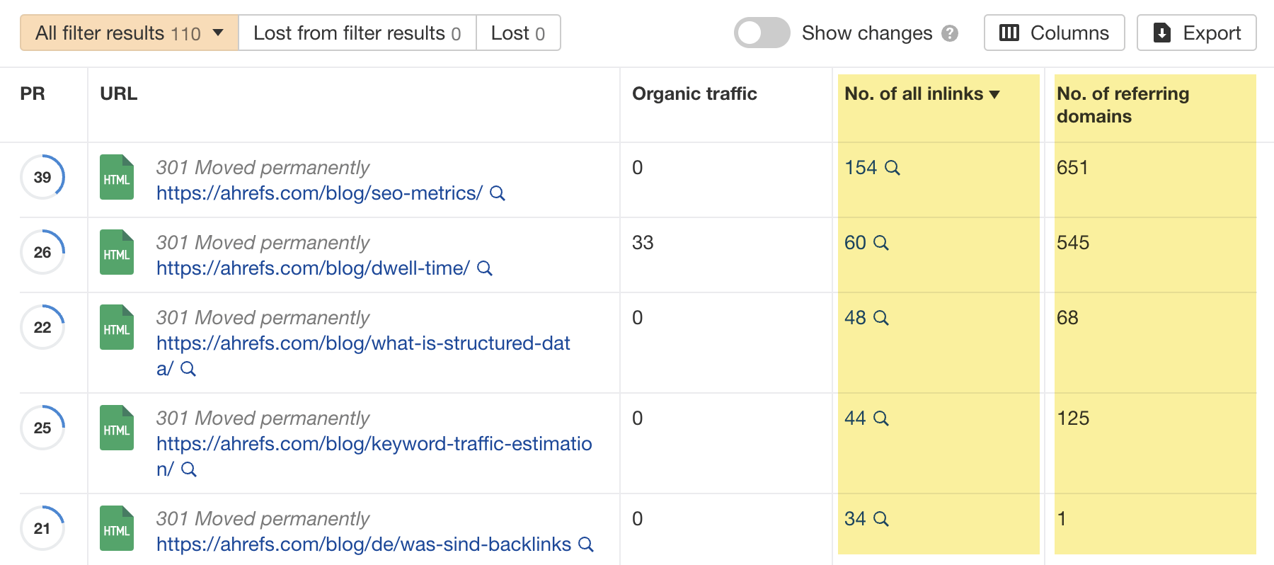 Redirects with internal links and backlinks, via Ahrefs' Site Audit
