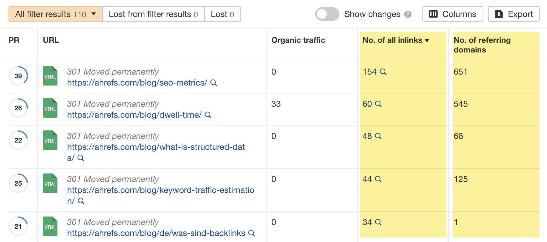 Redirecciones internas y de backlinks, a través de la auditoría del sitio de Ahrefs