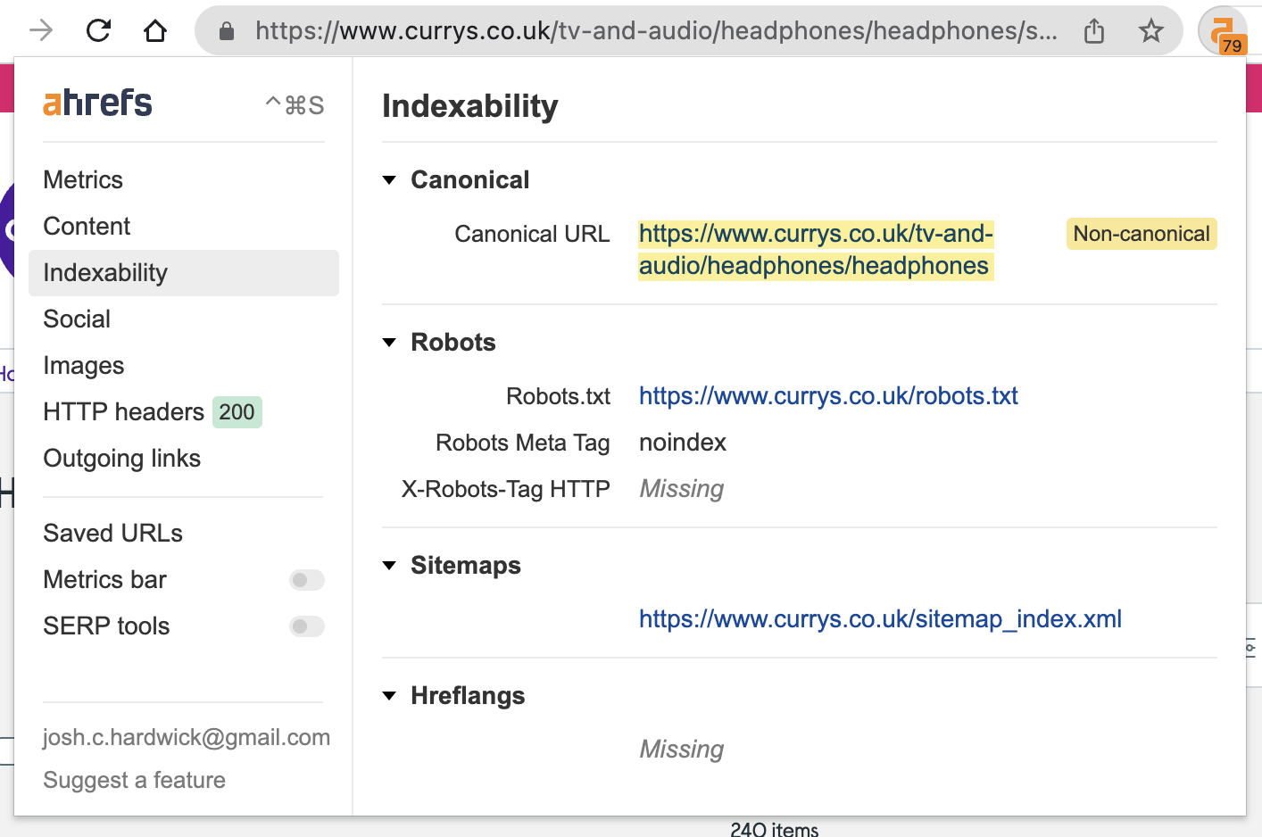 Verificando problemas de indexabilidade com a barra de ferramentas SEO do Ahrefs