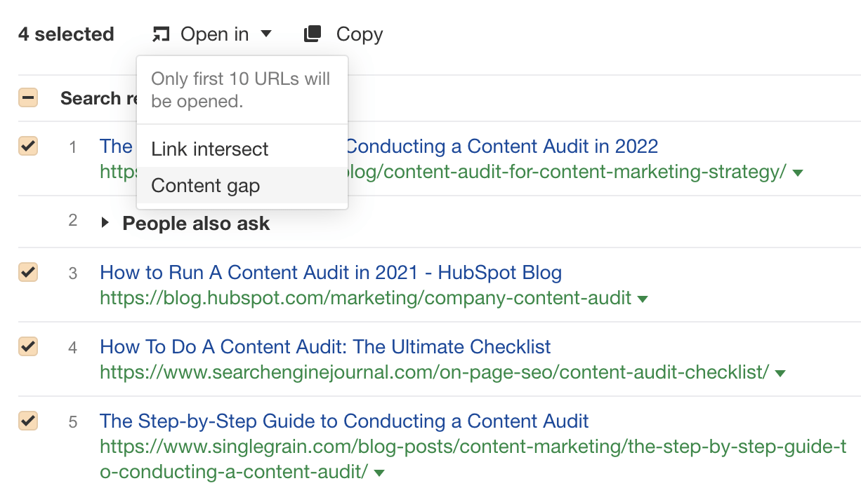 Sending search results to Ahrefs' Content Gap tool in Keywords Explorer