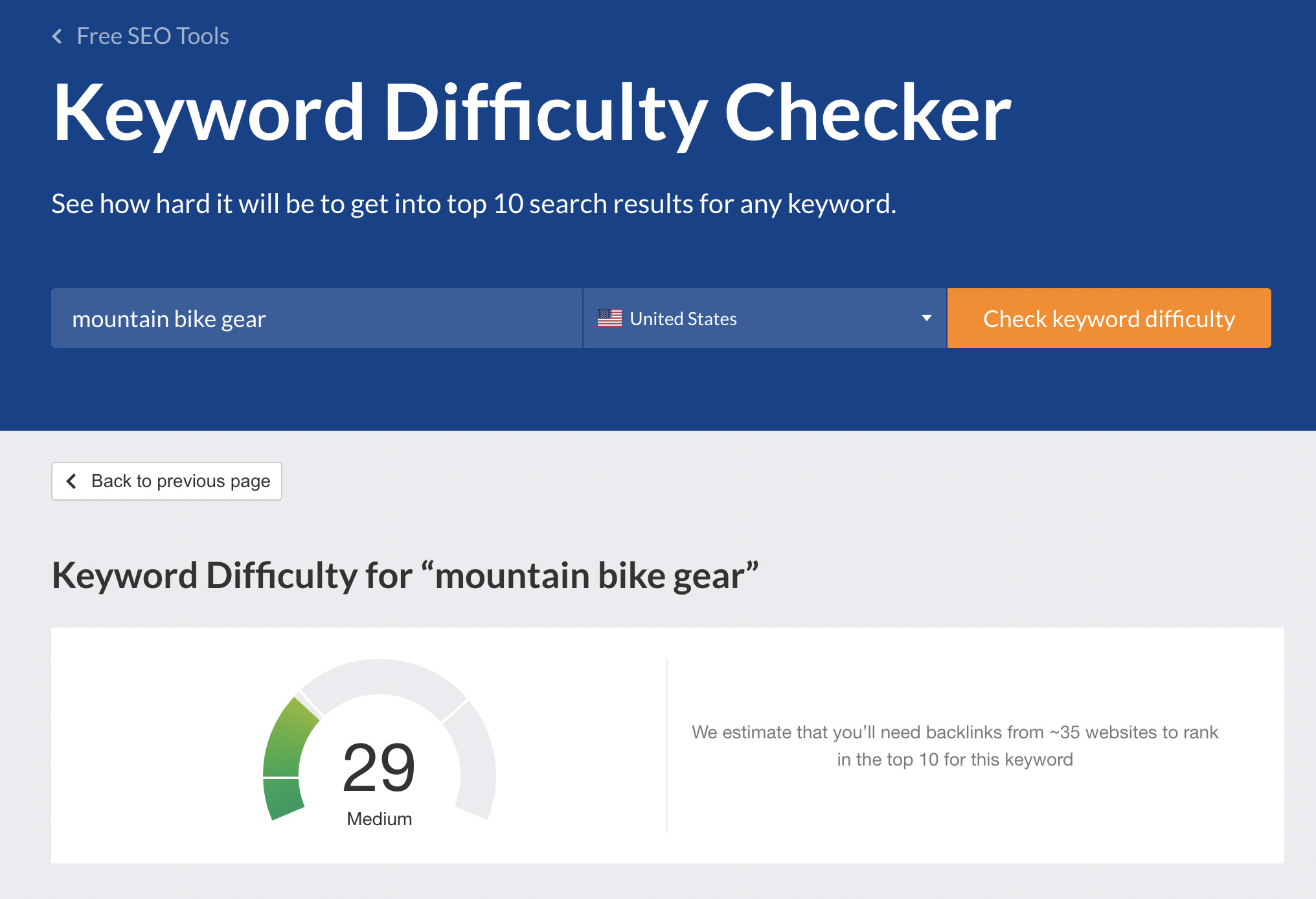 KD score of keyword "mountain bike gear," via Ahrefs' free keyword difficulty checker