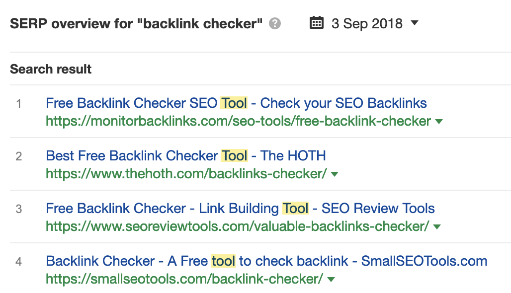 Os melhores resultados para "verificador de backlink" em 2018 foram todos ferramentas gratuitas
