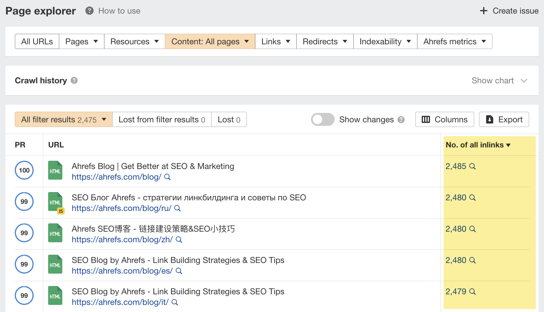 Finding the number of internal links to pages on a website, via Ahrefs' Site Audit
