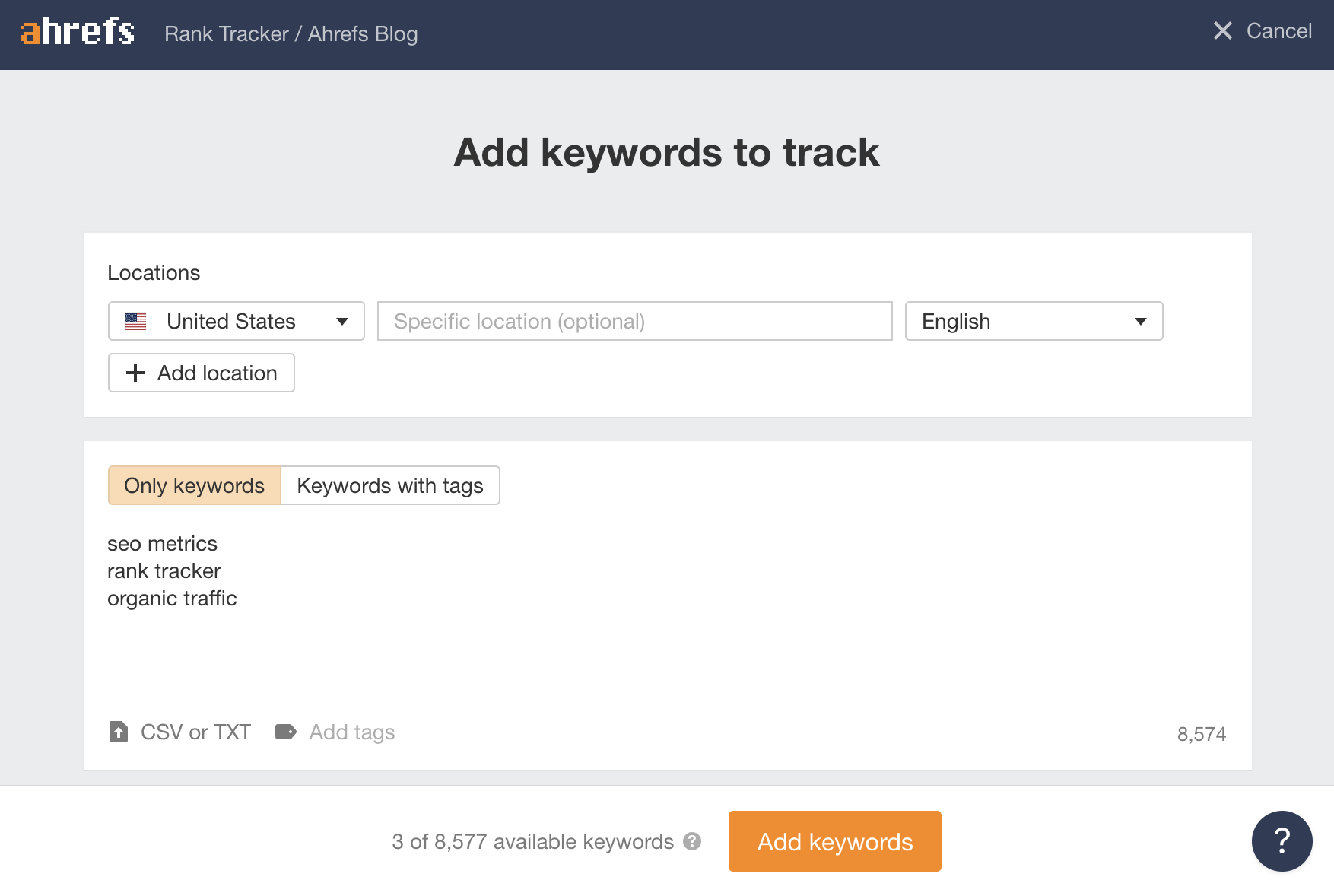 在 Ahrefs Rank Tracker（排名监控）中添加关键词