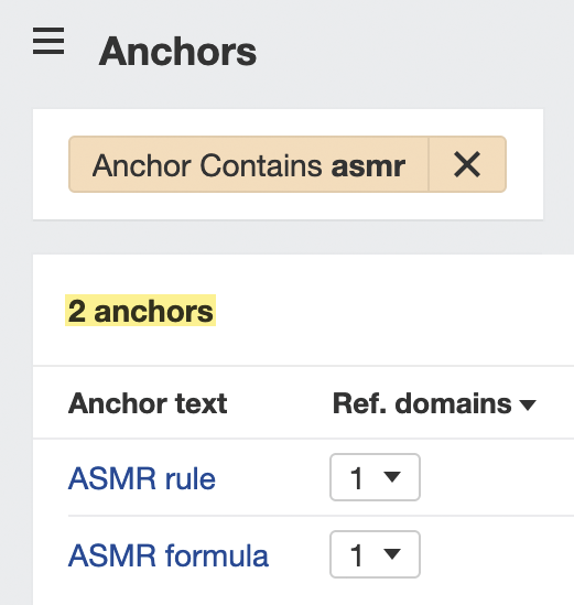 Anchors related to ASMR for our SEO copywriting guide, via the Anchors report in Ahrefs' Site Explorer