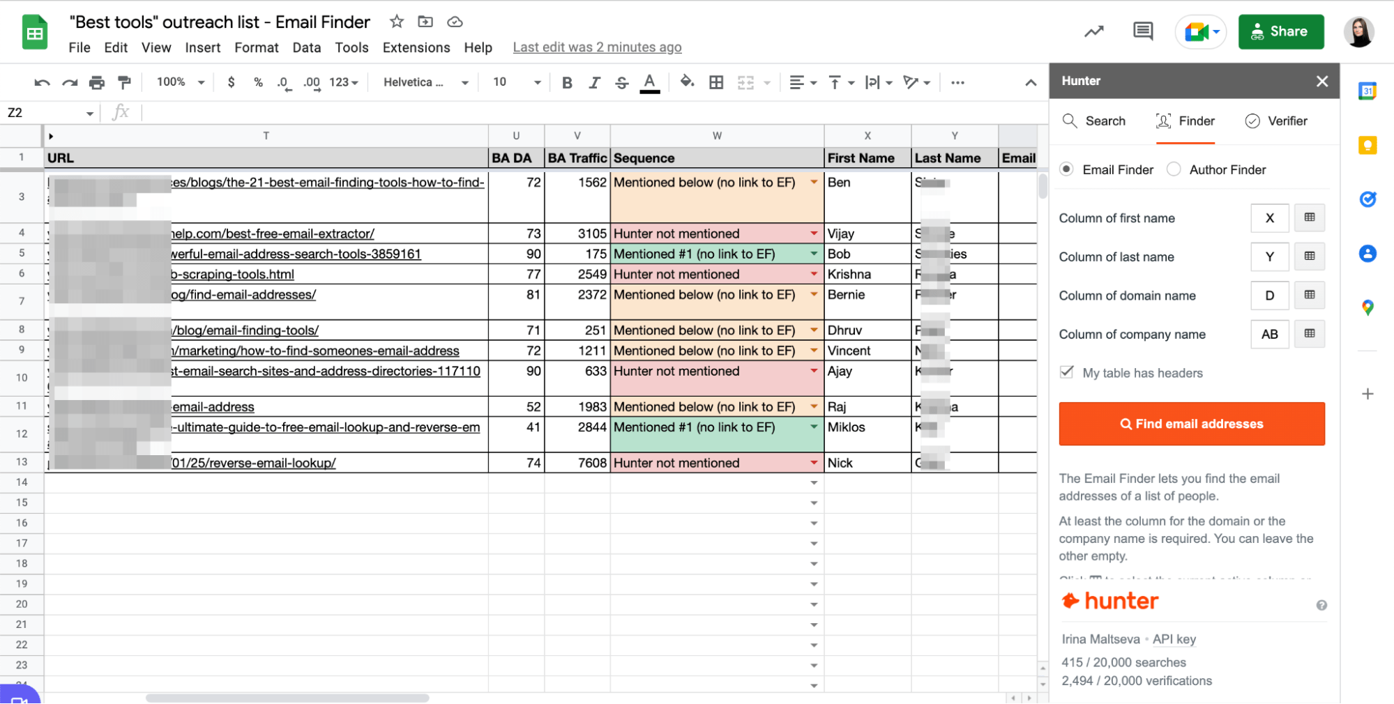 Using Hunter's Google Sheets add-on to find email addresses
