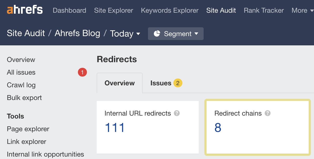 Finding redirect chains in Ahrefs' Site Audit
