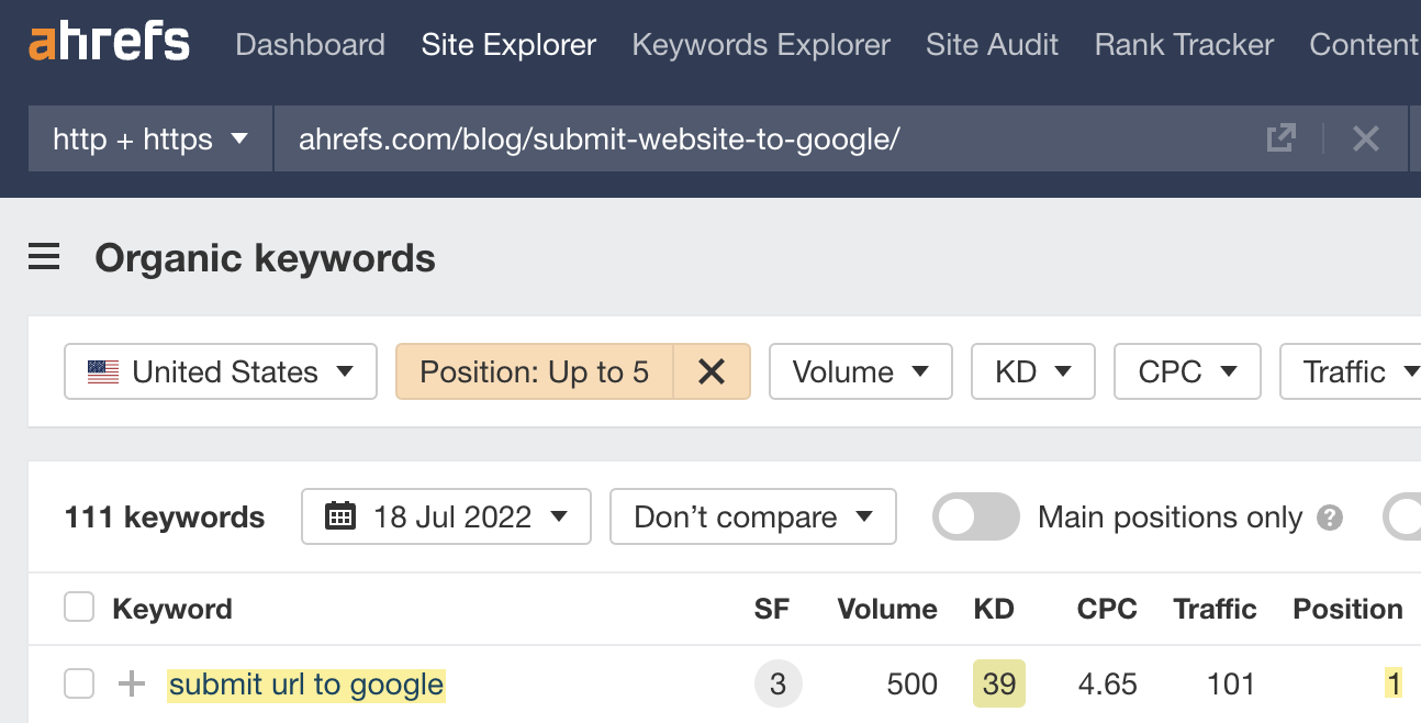 Organic keywords report result, via Ahrefs' Site Explorer