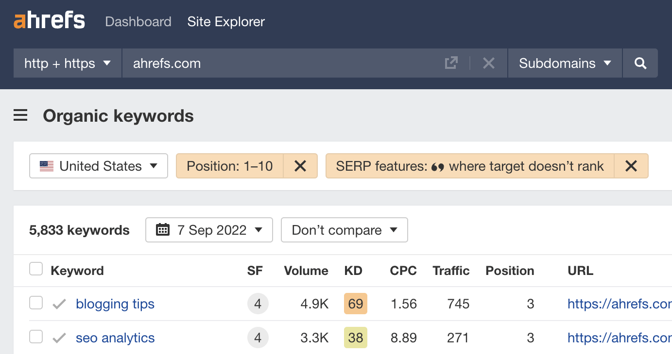 Finding low-hanging featured snippet opportunities in Ahrefs' Site Explorer
