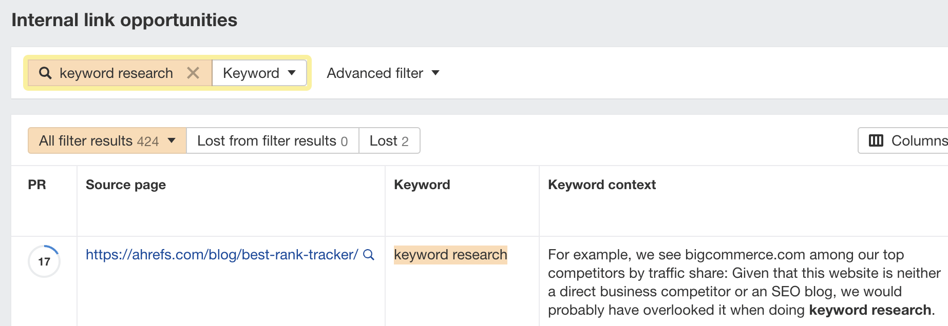 Finding internal linking opportunities using the Internal link opportunities report in Ahrefs