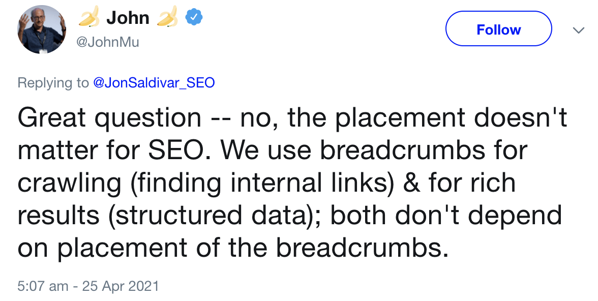 John Mueller confirms that breadcrumb placement doesn't matter for SEO