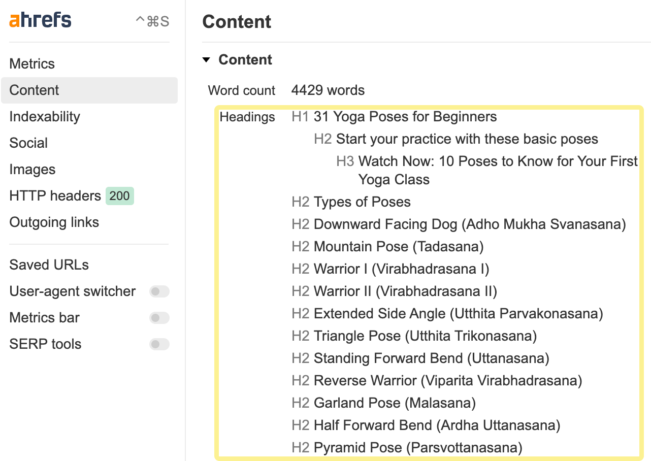 Ahrefs' SEO Toolbar Content report for VeryWell's article on the best yoga poses for beginners, showing H1 and H2 headings