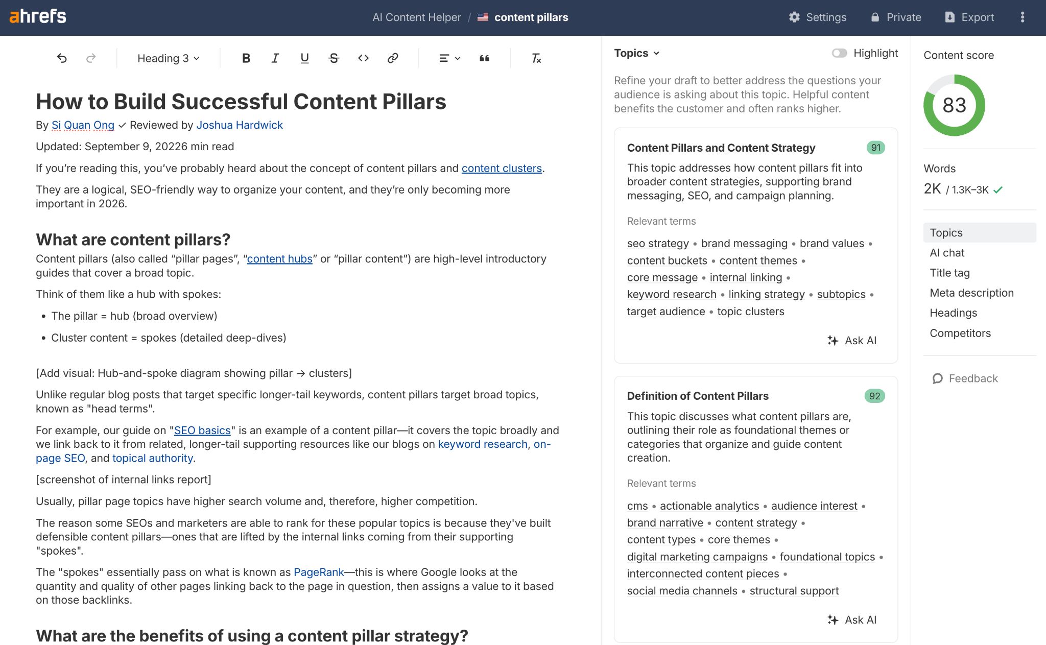 Screenshot of Ahrefs' AI Content Helper showing an article titled "How to Build Successful Content Pillars" with formatting tools and sidebar.