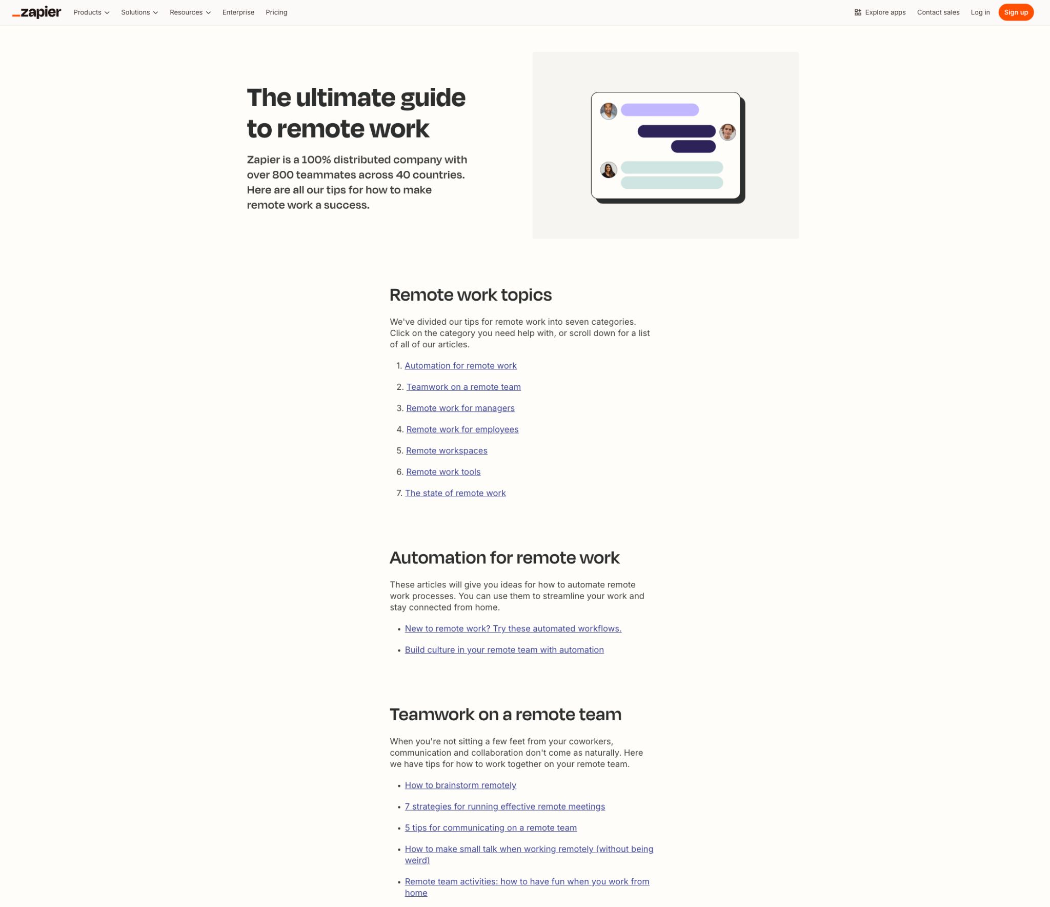 Zapier’s pillar page about remote work—showing mostlye hyperlinked text. 