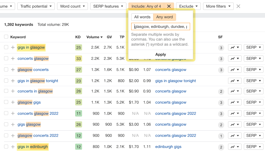 Encontrar palavras-chave de eventos e locais que podem direcionar o tráfego usando o Explorador de palavras-chave do Ahrefs