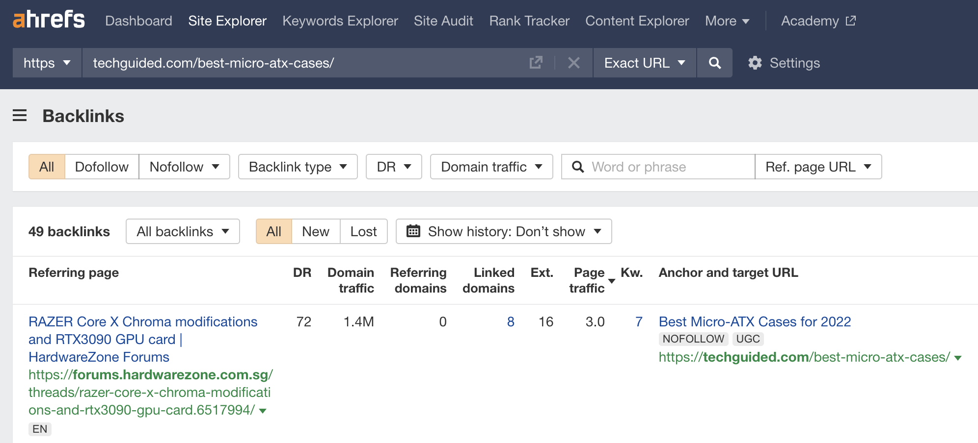 Rapport de backlinks pour l'une des pages les mieux classées pour "boîtier micro-atx," via l'explorateur de site d'Ahrefs