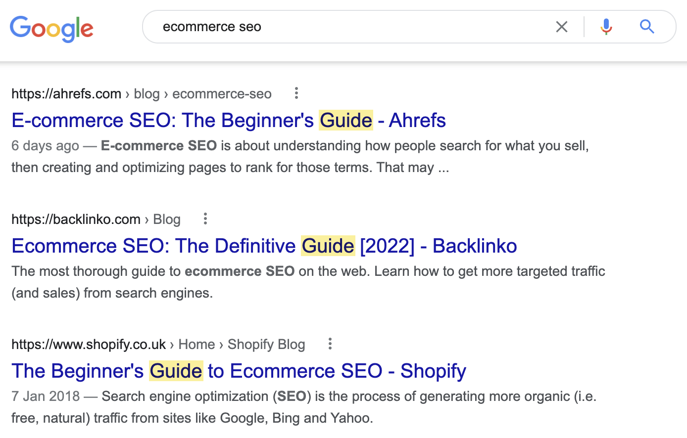 用户搜索 "ecommerce seo"想要一个指南