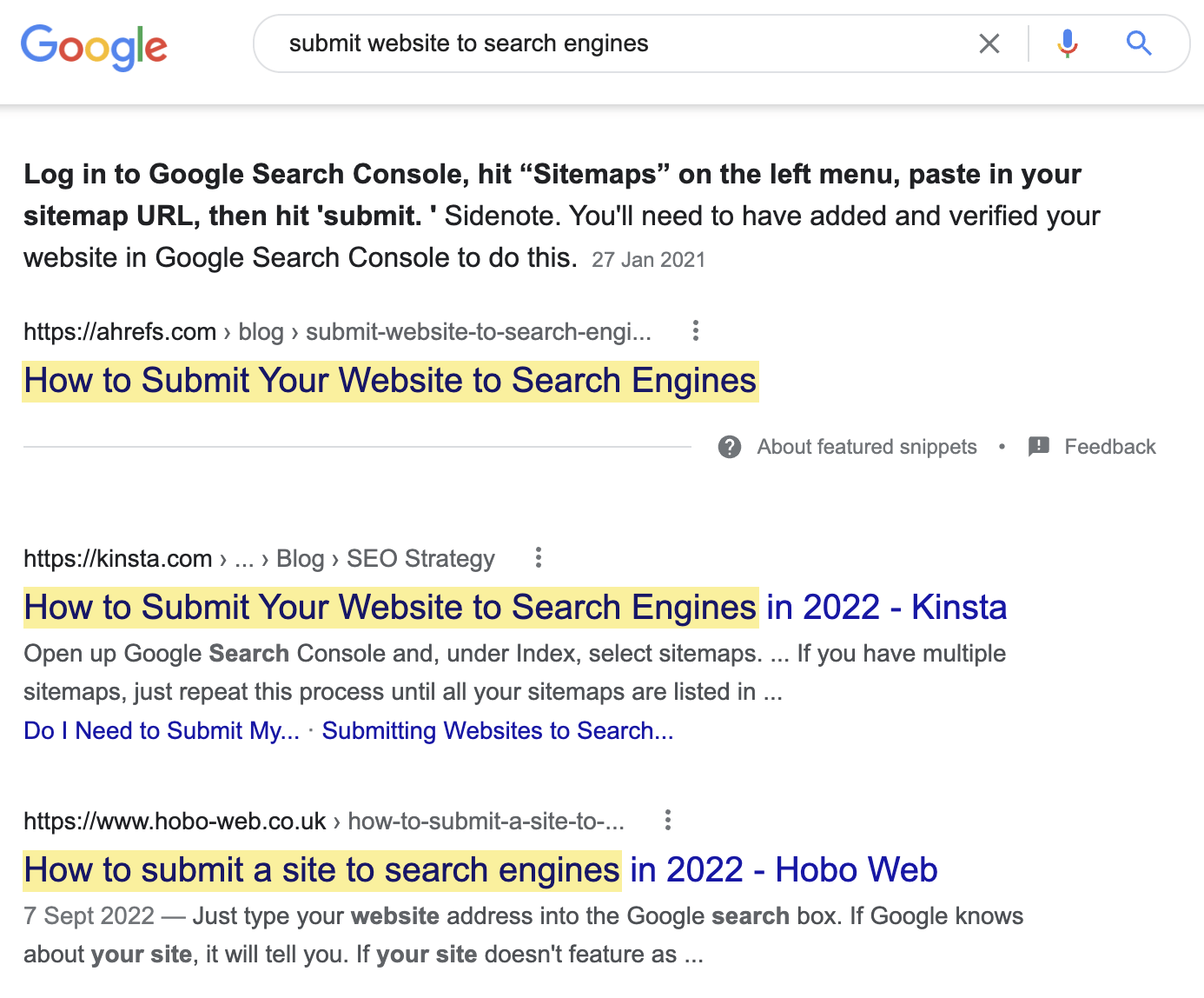 用户搜索 "submit website to search engines" 想知道如何提交他们的网站