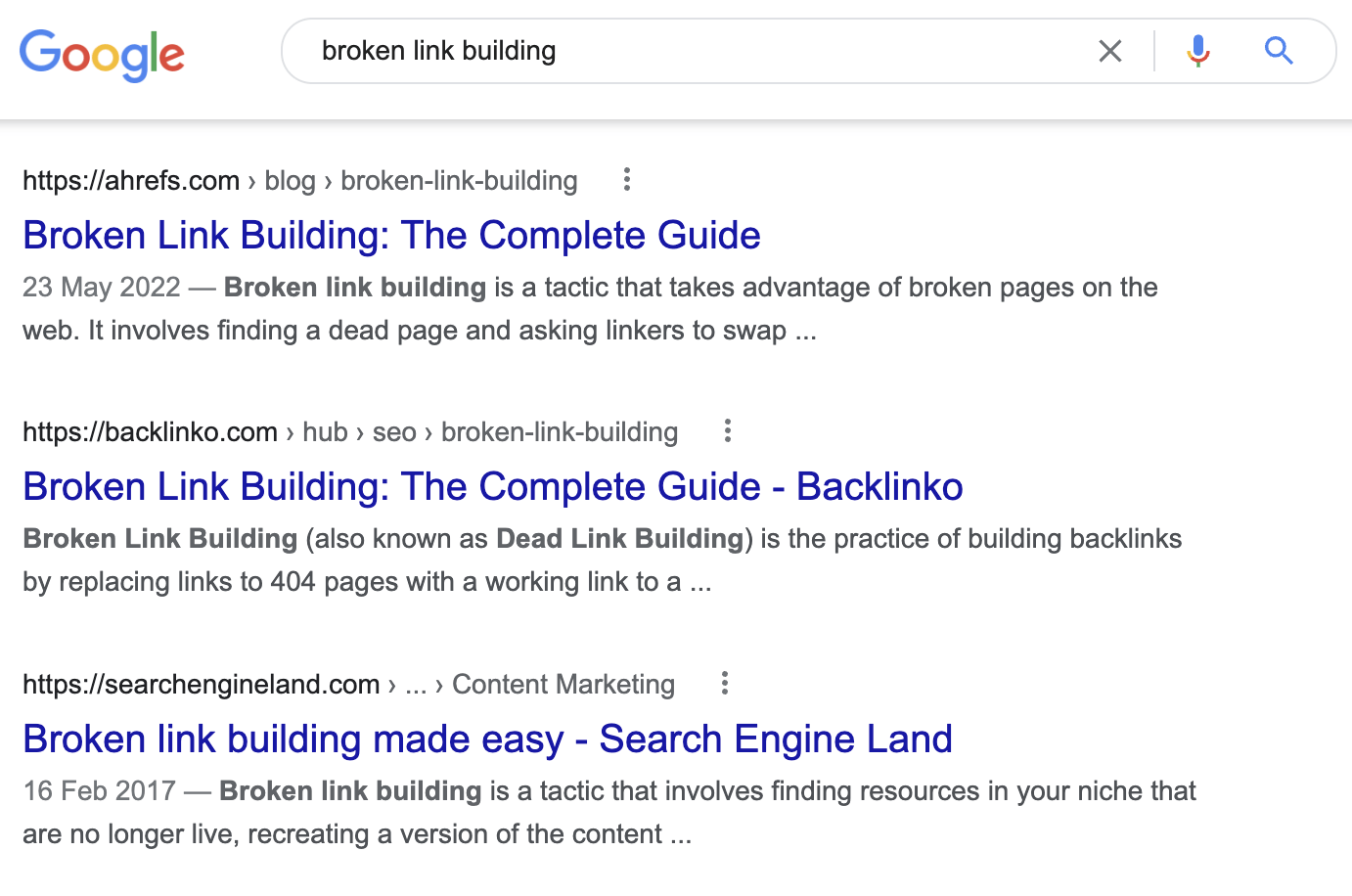 用户搜索 "broken link building" 是为了学习