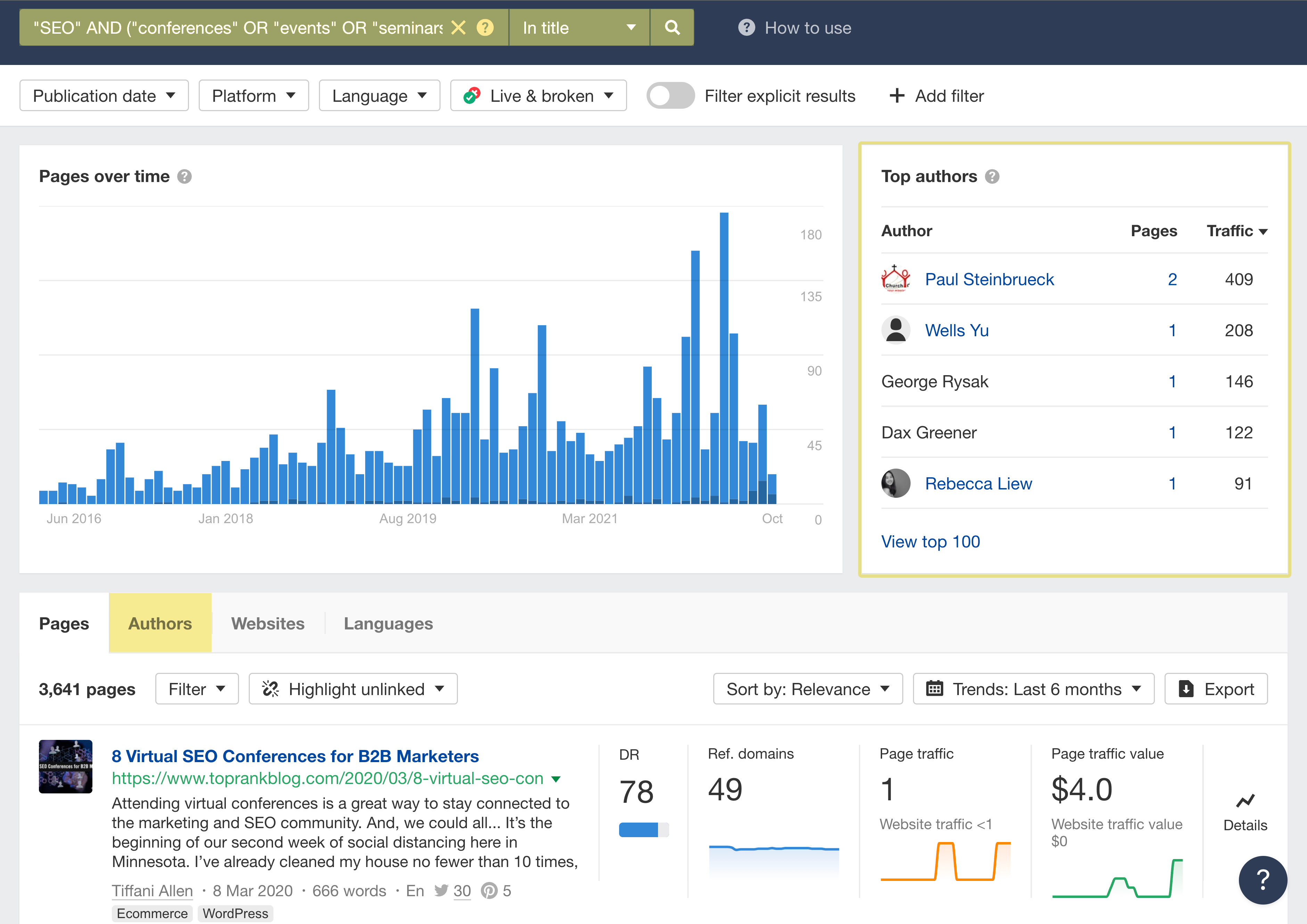 Finding contacts and bloggers using Ahrefs' Content Explorer
